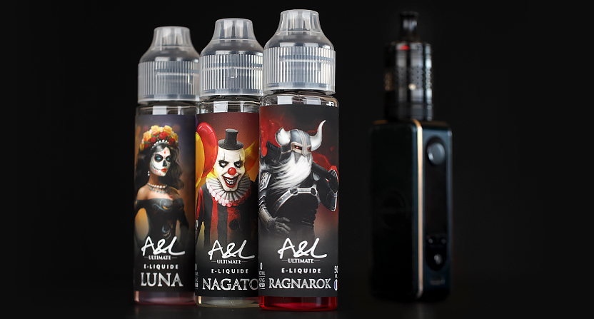 trois e-liquides et une cigarette electronique posés sur une table